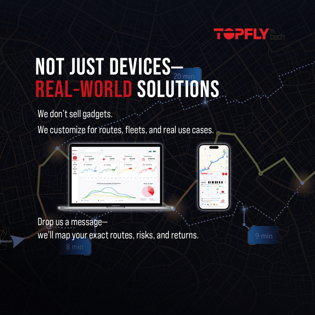 TOPFLYtech Route optimise platform with solar powered gps tracker ETA for fleet management asset visibility
