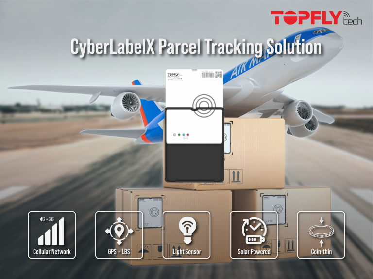TOPFLYtech CyberLabelX 100 Parcel Tracking Solution with Temperature and humidity Probe and light sensor for high value shipment Tracking Solution, cold chain parcel logistic e-business