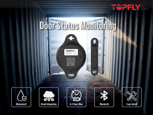 Door-mounted BLE temperature, humidity and door-open sensor in refrigerated warehouse, monitoring door status and environment