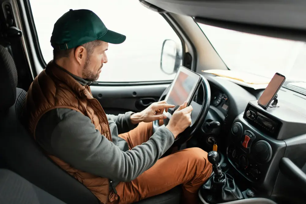 a driver sitting in vehicle and doing driver identification check