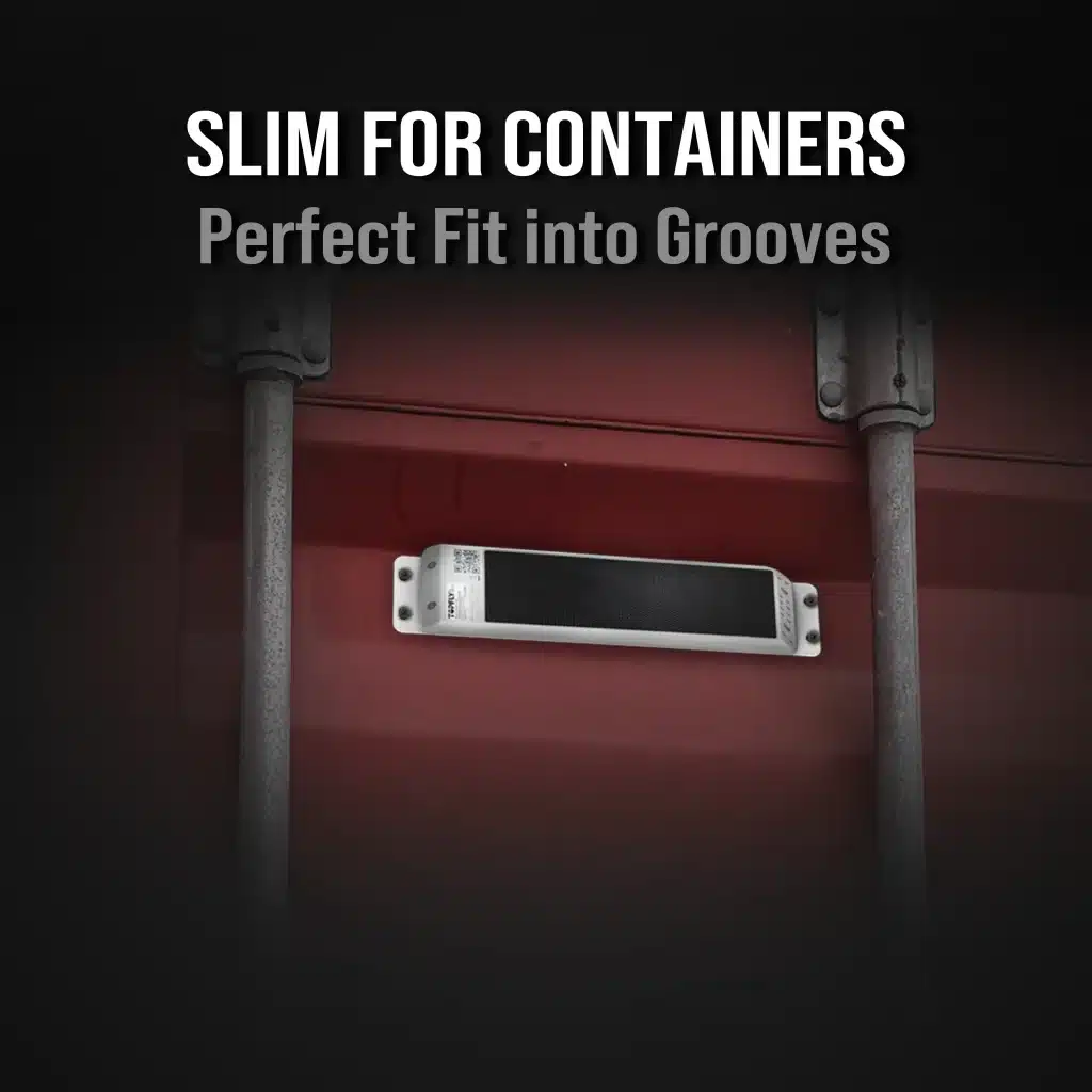 TOPFLYtech Solar Tracker installed on red container, and slim for fit in container groove