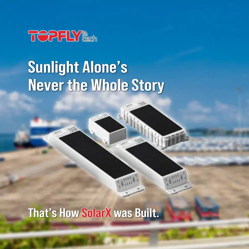 TOPFLYtech SolarX series solar trackers infront of the background of port for Long idle periods scenario