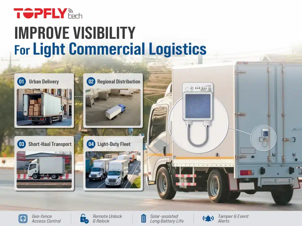 SolarGuardX 120 PN: CB01 electronic lock installed on a small truck as use case. Smart Lock Tracking Improve visibility for light commercial logistics, like urban delivery, regional distribution, short-haul transport, and light-duty fleet.