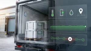Cold chain monitoring system showing refrigerated truck cargo with real-time temperature, humidity, door status, and location visibility
