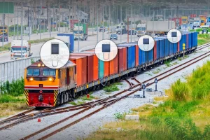 Freight train with master and sub-lock icons for multi-car cargo security