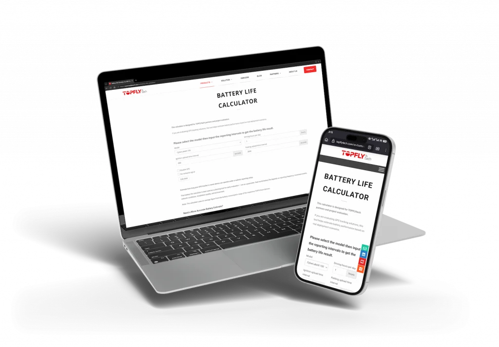 Battery life calculator website screenshot mockup on laptop and phone for asset tracking strategy how deployment duration, reporting frequency, power access and alert requirements
