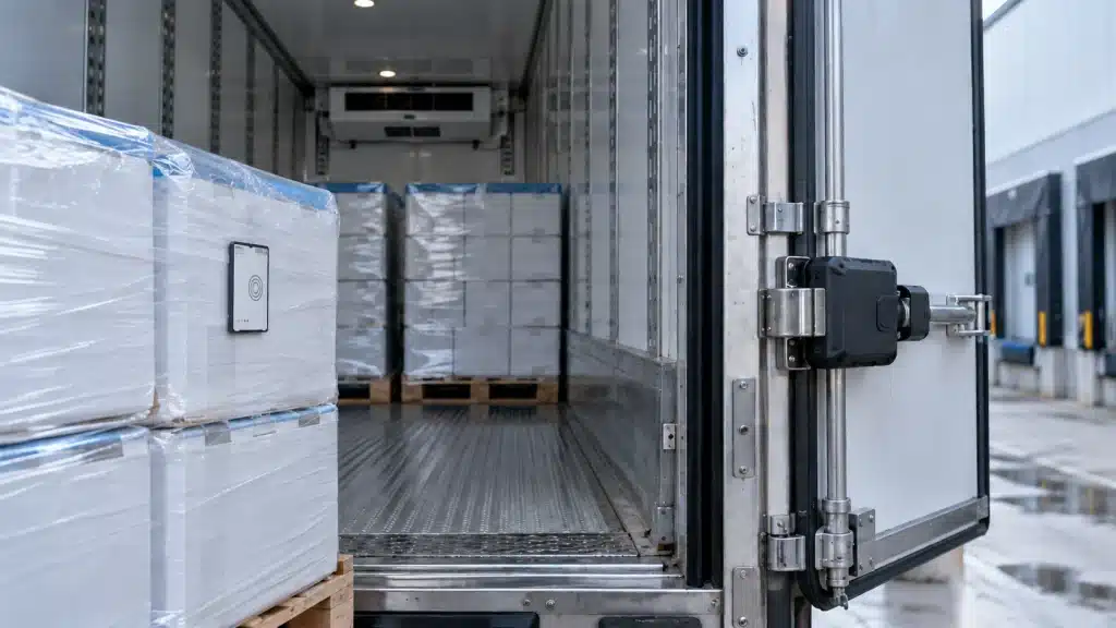 Cargo temperature sensor and GPS tracker CyberLabelX in a refrigerated trailer